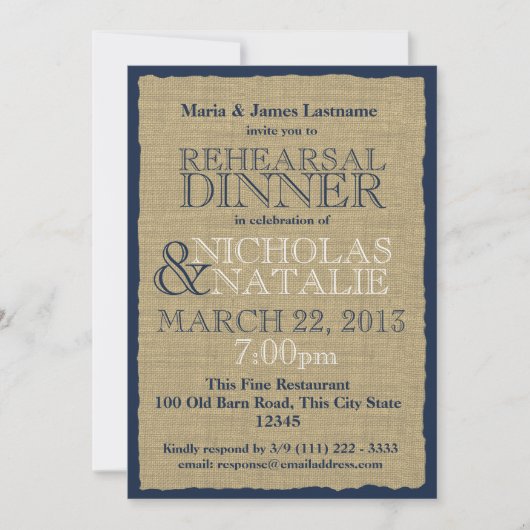 Invitation Dîner de répétition de Burlap Look Marine Blue (Devant)