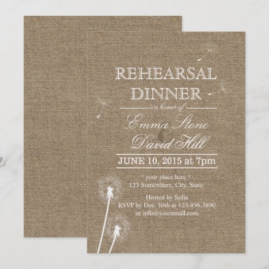 Invitation Dîner de répétition de Burlap Rustique (Devant / Derrière)