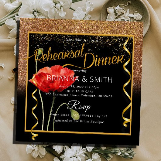 Invitation Dîner de répétition de calligraphie dorée