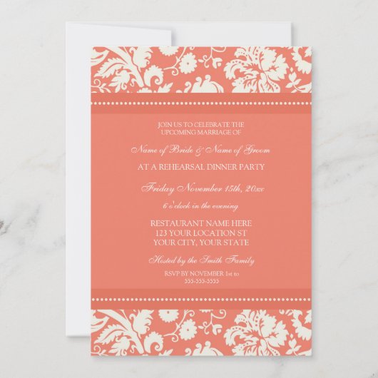 Invitation Dîner de répétition de Coral White Damask (Dos)