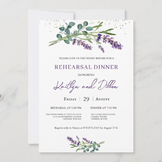Invitation Dîner de répétition de feuillage Lavender Eucalypt (Devant)