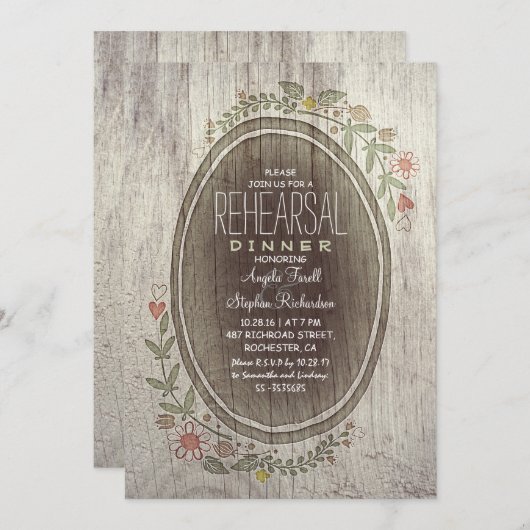 Invitation dîner de répétition de fleurs de bois de campagne  (Devant / Derrière)