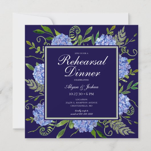 Invitation Dîner de répétition de fleurs d'hydrangea bleues a (Devant)