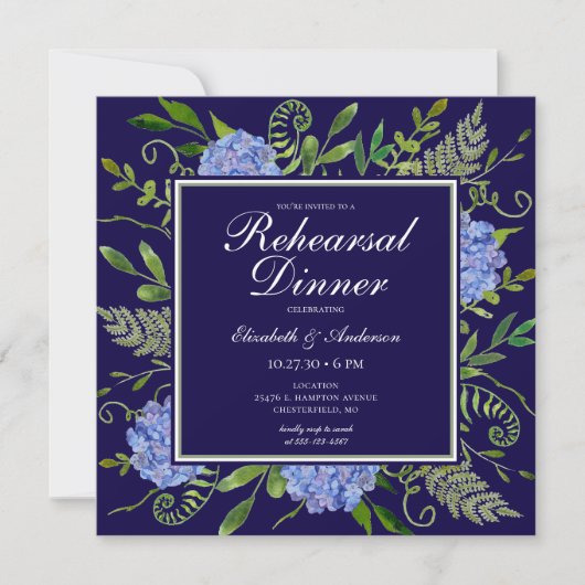 Invitation Dîner de répétition de fleurs d'hydrangea bleues a (Devant)