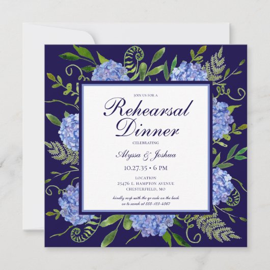 Invitation Dîner de répétition de fleurs d'hydrangea bleues a (Devant)