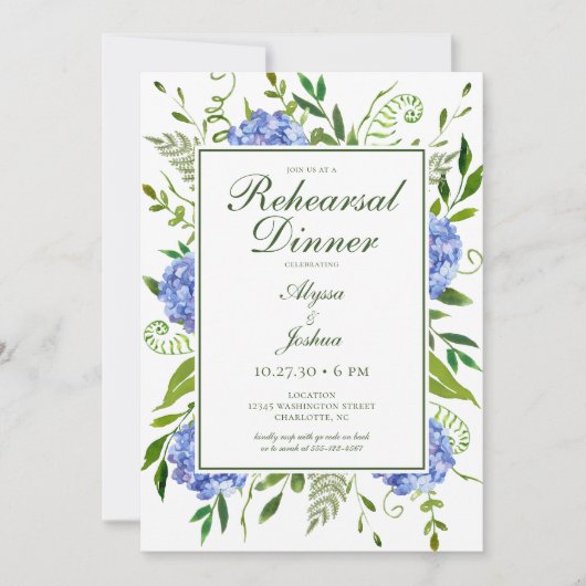 Invitation Dîner de répétition de fleurs d'hydrangea bleues a (Devant)