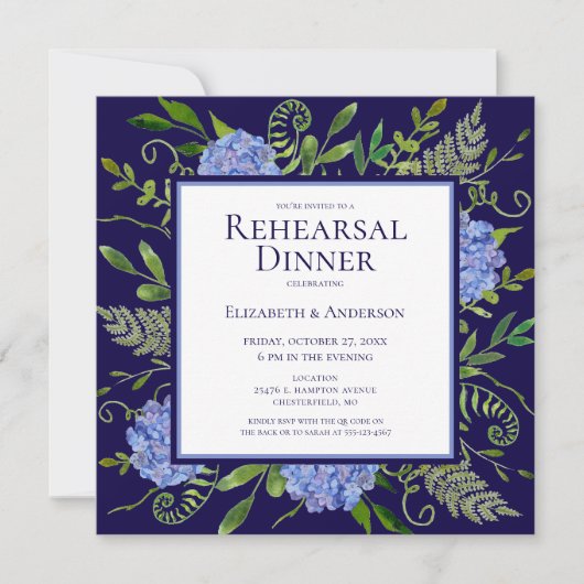 Invitation Dîner de répétition de fleurs d'hydrangea bleues a (Devant)