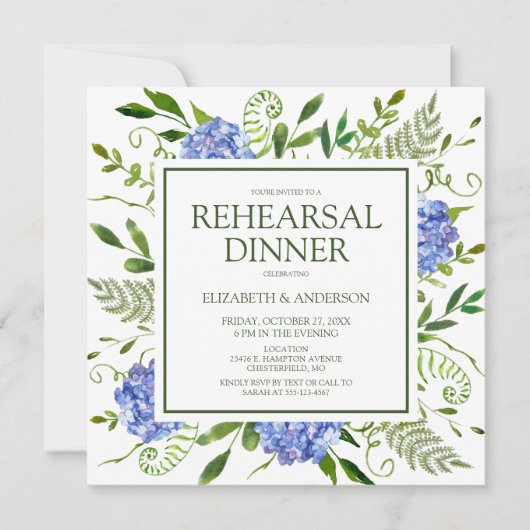 Invitation Dîner de répétition de fleurs d'hydrangea bleues a (Devant)