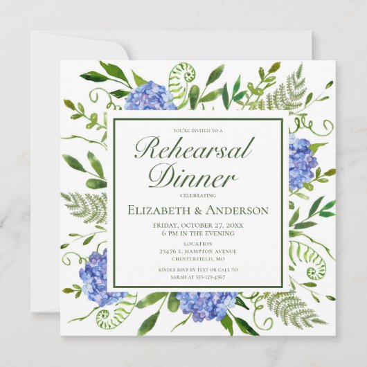 Invitation Dîner de répétition de fleurs d'hydrangea bleues a (Devant)