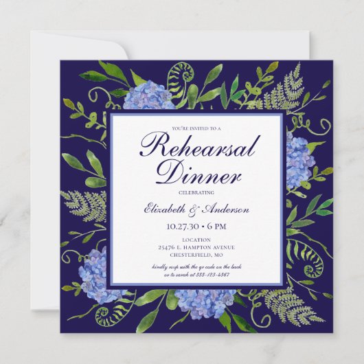 Invitation Dîner de répétition de fleurs d'hydrangea bleues a (Devant)