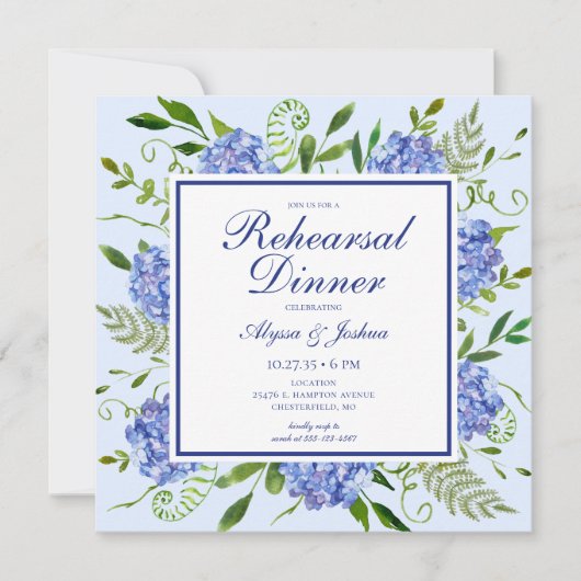 Invitation Dîner de répétition de fleurs d'hydrangea bleues a (Devant)