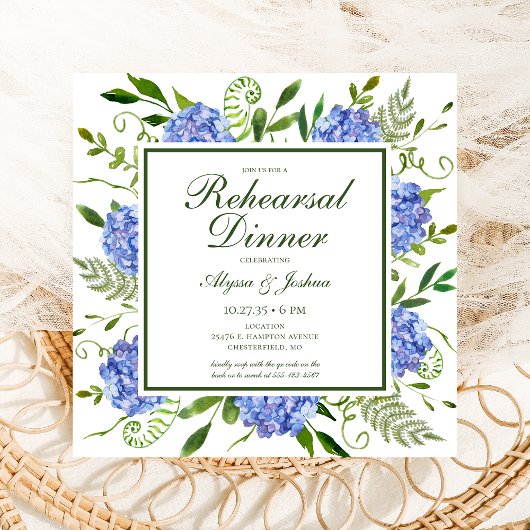 Invitation Dîner de répétition de fleurs d'hydrangea bleues a
