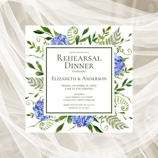 Invitation Dîner de répétition de fleurs d'hydrangea bleues a