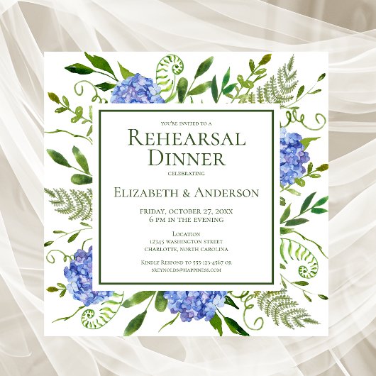 Invitation Dîner de répétition de fleurs d'hydrangea bleues a