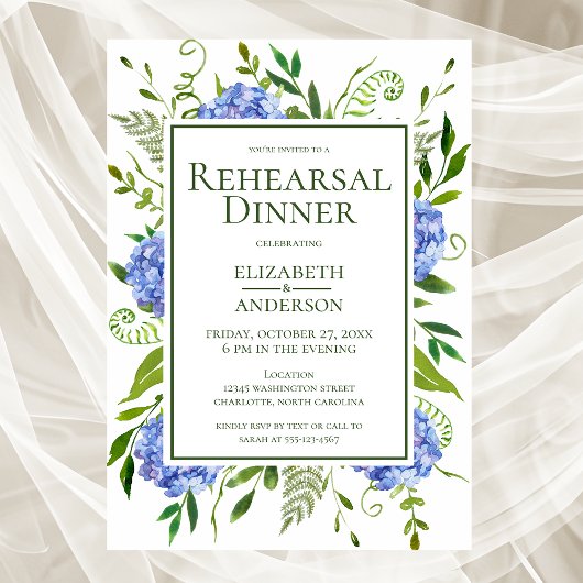 Invitation Dîner de répétition de fleurs d'hydrangea bleues a