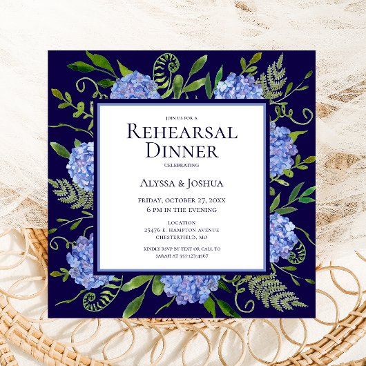 Invitation Dîner de répétition de fleurs d'hydrangea bleues a