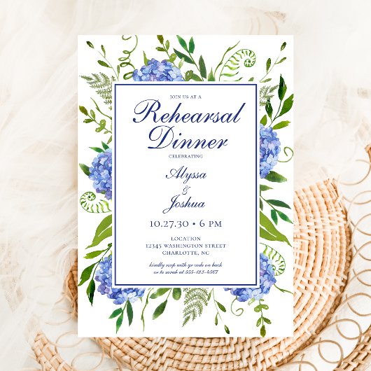 Invitation Dîner de répétition de fleurs d'hydrangea bleues a