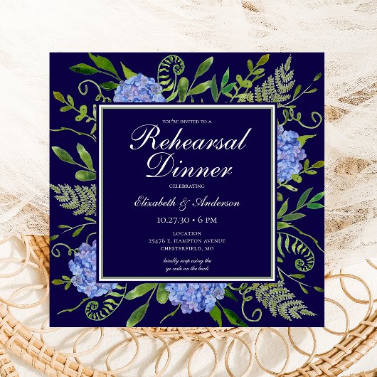 Invitation Dîner de répétition de fleurs d'hydrangea bleues a