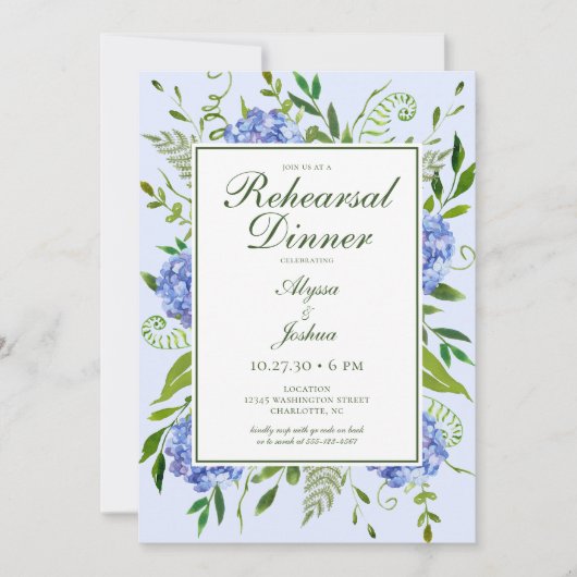 Invitation Dîner de répétition de fleurs d'hydrangea bleues a (Devant)
