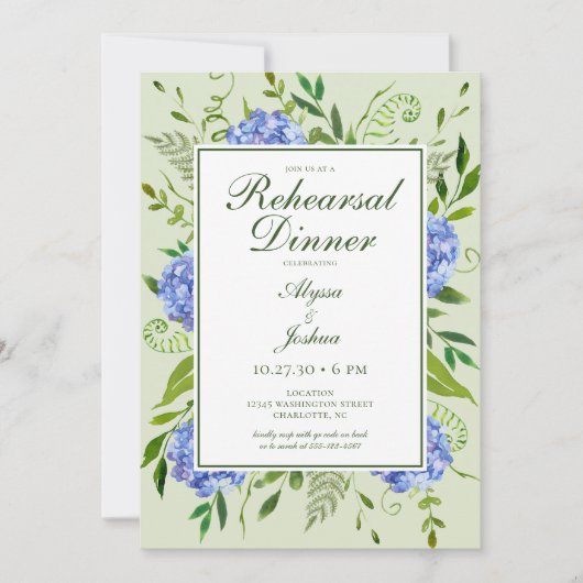 Invitation Dîner de répétition de fleurs d'hydrangea bleues a (Devant)