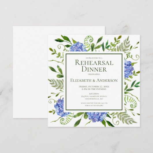 Invitation Dîner de répétition de fleurs d'hydrangea bleues a (Devant / Derrière)
