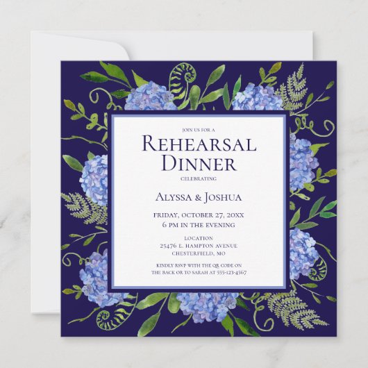 Invitation Dîner de répétition de fleurs d'hydrangea bleues a (Devant)