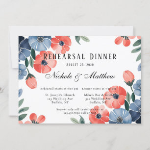 Invitation Dîner de répétition de fleurs peintes en bleu et c