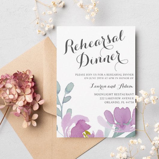 Invitation Dîner de répétition de fleurs rose aquarelle Boho