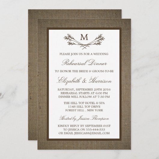 Invitation Dîner de répétition de la branche de monogramme ru (Devant / Derrière)