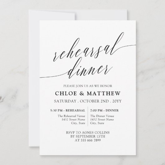 Invitation Dîner de répétition de la calligraphie blanche noi (Devant)