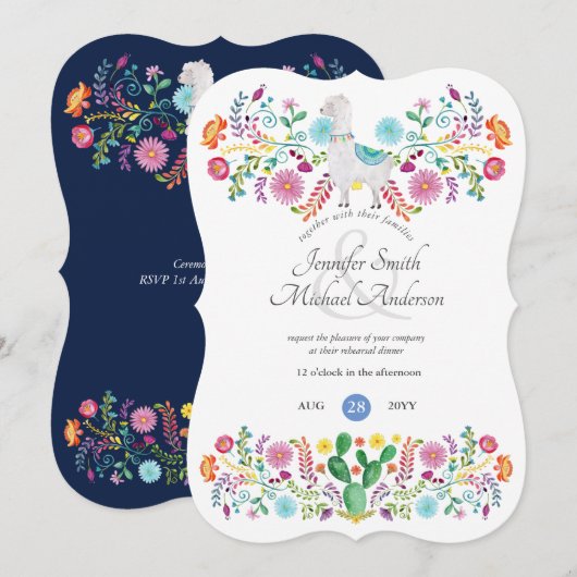 Invitation Dîner de répétition de la Fiesta Llama Fleurs folk (Devant / Derrière)