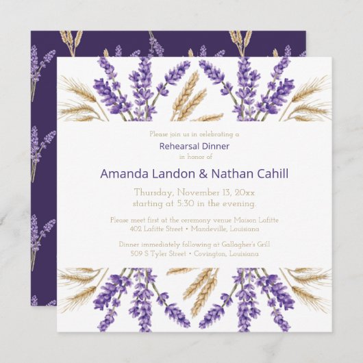 Invitation Dîner de répétition de la lavande et du blé (Devant / Derrière)