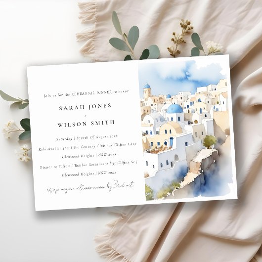 Invitation Dîner de répétition de l'aquarelle chic Santorini 