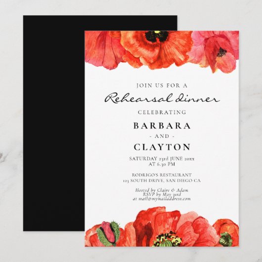 Invitation Dîner de répétition de l'aquarelle des pavots roug (Devant / Derrière)