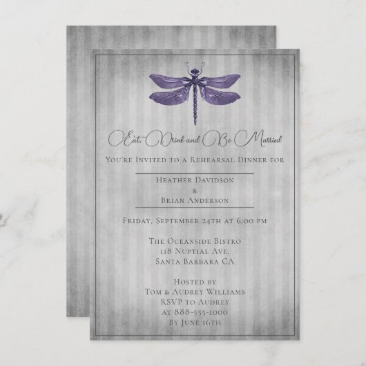 Invitation Dîner de répétition de libellules à bijoux pourpre (Devant / Derrière)