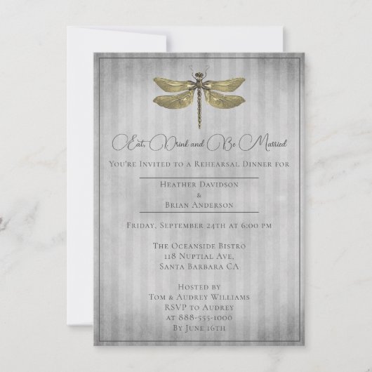 Invitation Dîner de répétition de libellules bijoux en or (Devant)