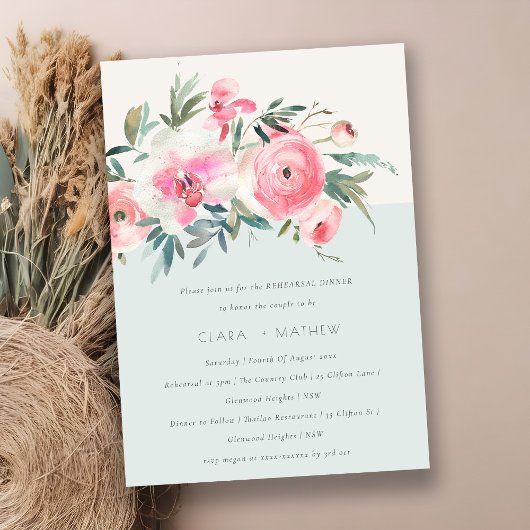 Invitation Dîner de répétition de l'Orchid Rose bleu chic