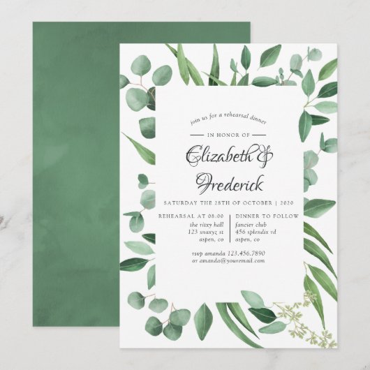 Invitation Dîner de répétition de mariage à la verdure d'euca (Devant / Derrière)
