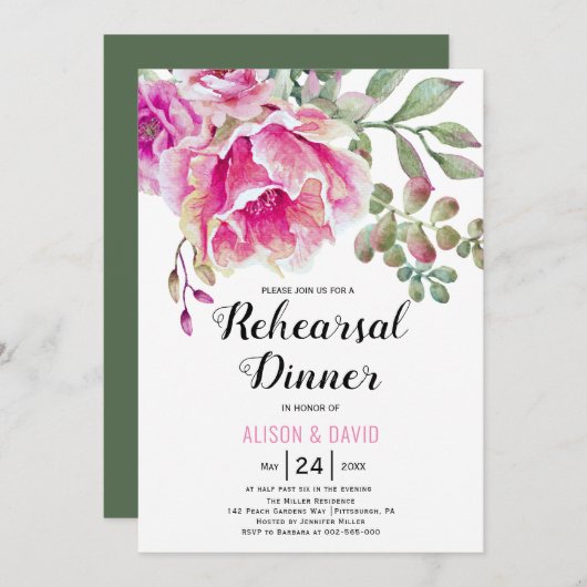 Invitation Dîner de répétition de mariage à l'aquarelle rose (Devant / Derrière)