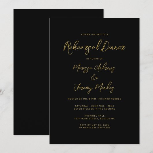 Invitation Dîner de répétition de mariage à l'encre dorée mod (Devant / Derrière)