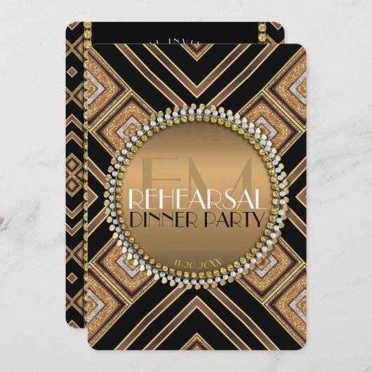Invitation Dîner de répétition de mariage Art déco noir et or (Devant / Derrière)