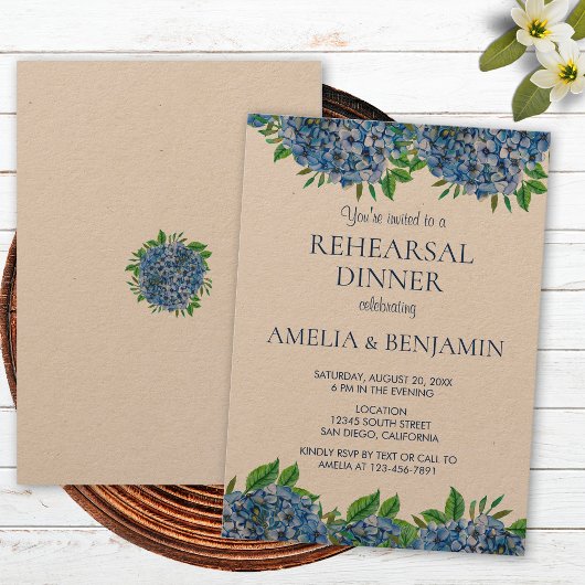 Invitation Dîner de répétition de mariage aux hydrangeas bleu