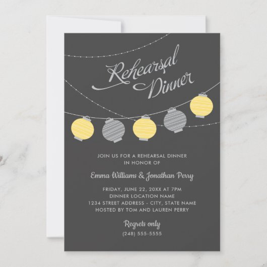 Invitation Dîner de répétition de mariage aux lanternes jaune (Devant)