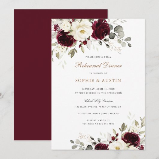 Invitation Dîner de répétition de mariage avec verdure et bor (Devant / Derrière)