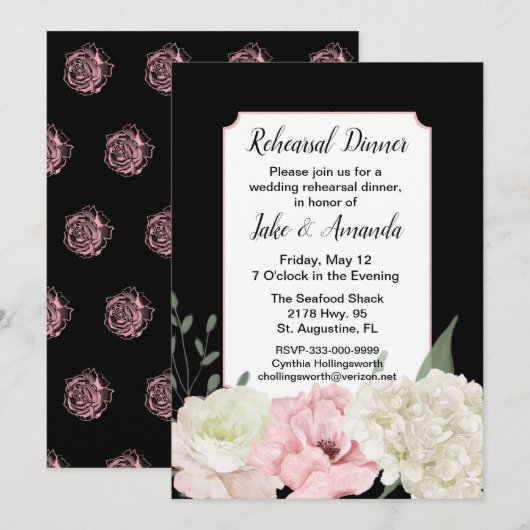 Invitation Dîner de répétition de mariage chic noir (Devant / Derrière)