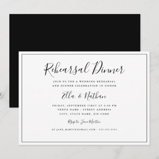 Invitation Dîner de répétition de mariage classique noir et b (Devant / Derrière)