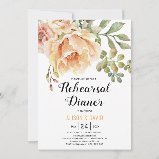 Invitation Dîner de répétition de mariage de fleurs d'aquarel (Devant)