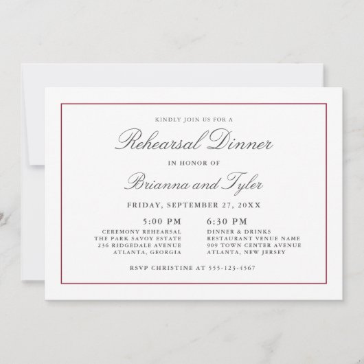 Invitation Dîner de Répétition de Mariage Élégance Simple Cla (Devant)