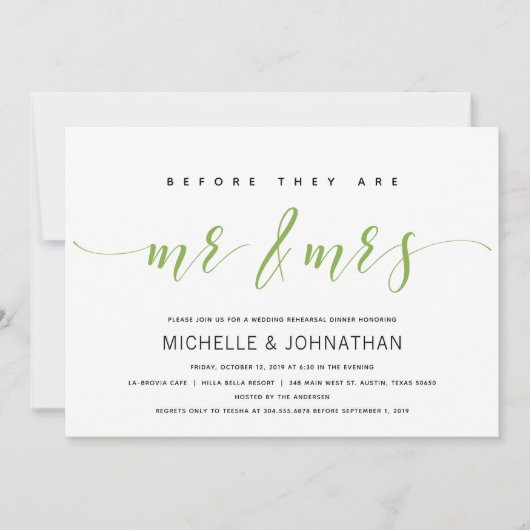 Invitation Dîner de répétition de mariage élégant vert foncé (Devant)