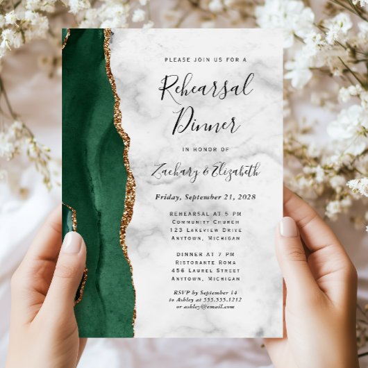 Invitation Dîner de répétition de mariage en agate dorée vert